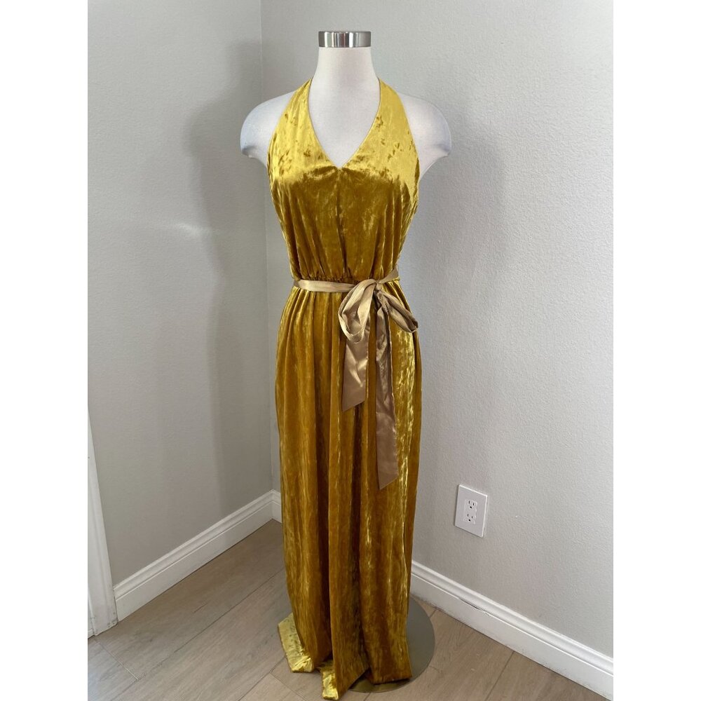 Avec Les Filles Dress Womens 12 Crushed Velvet Halter Maxi Belted‎ Gold Party